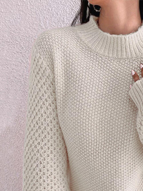 Openwork Mock Neck Long Sleeve Sweater - Pink-Slay Eclectic