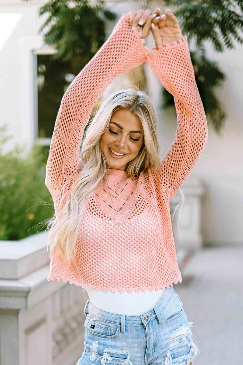 Openwork Round Neck Long Sleeve Knit Top - Pink-Slay Eclectic