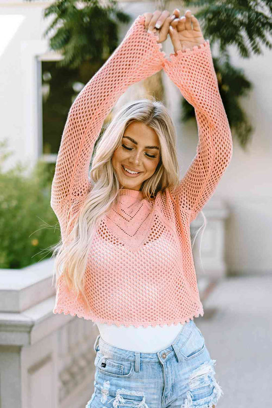 Openwork Round Neck Long Sleeve Knit Top - Pink-Slay Eclectic