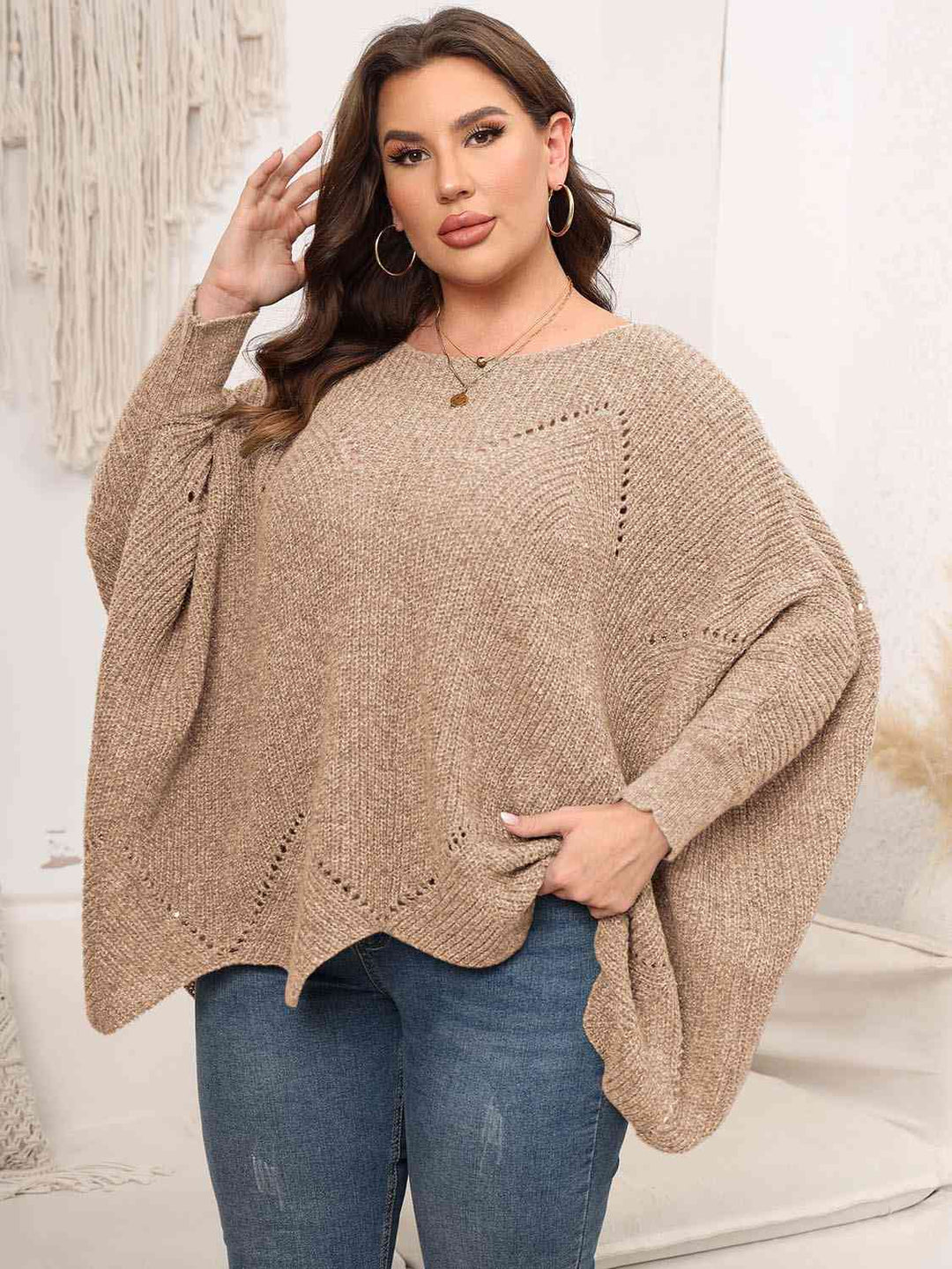 Plus Size Round Neck Batwing Sleeve Sweater-Slay Eclectic