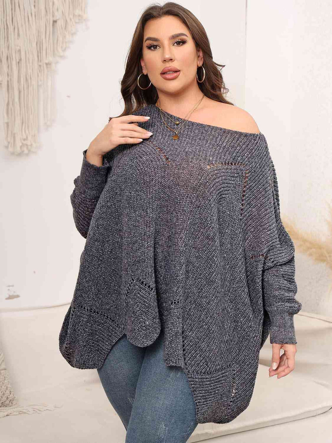 Plus Size Round Neck Batwing Sleeve Sweater-Slay Eclectic