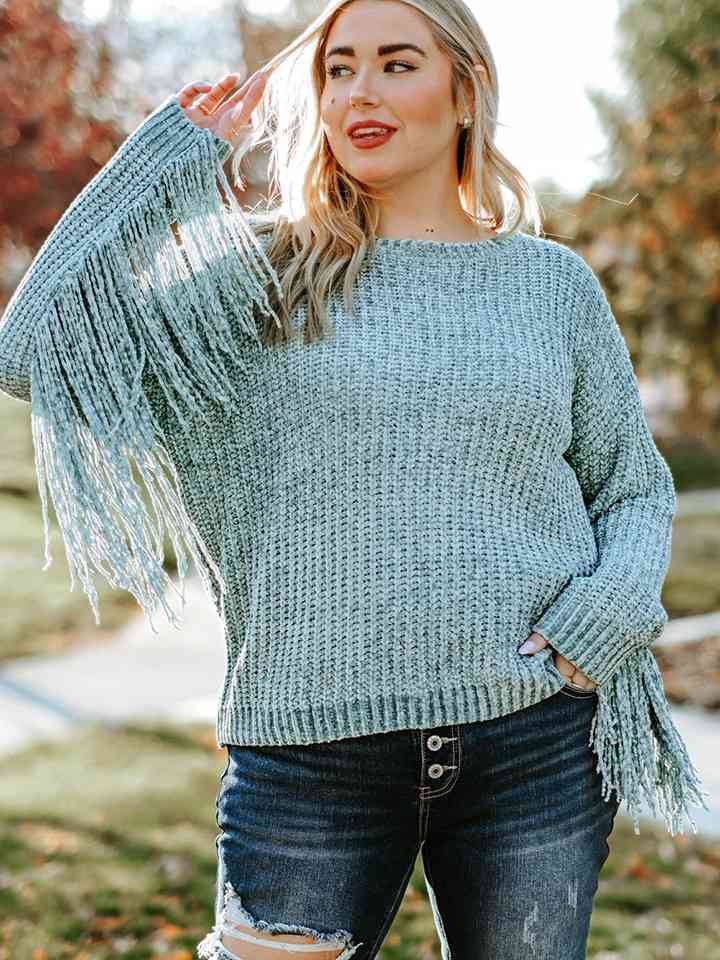 Plus Size Round Neck Long Sleeve Fringe Detail Sweater | Slay Eclectic