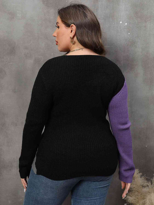 Plus Size Two-Tone Surplice Neck Sweater-Slay Eclectic