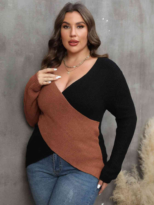 Plus Size Two-Tone Surplice Neck Sweater-Slay Eclectic