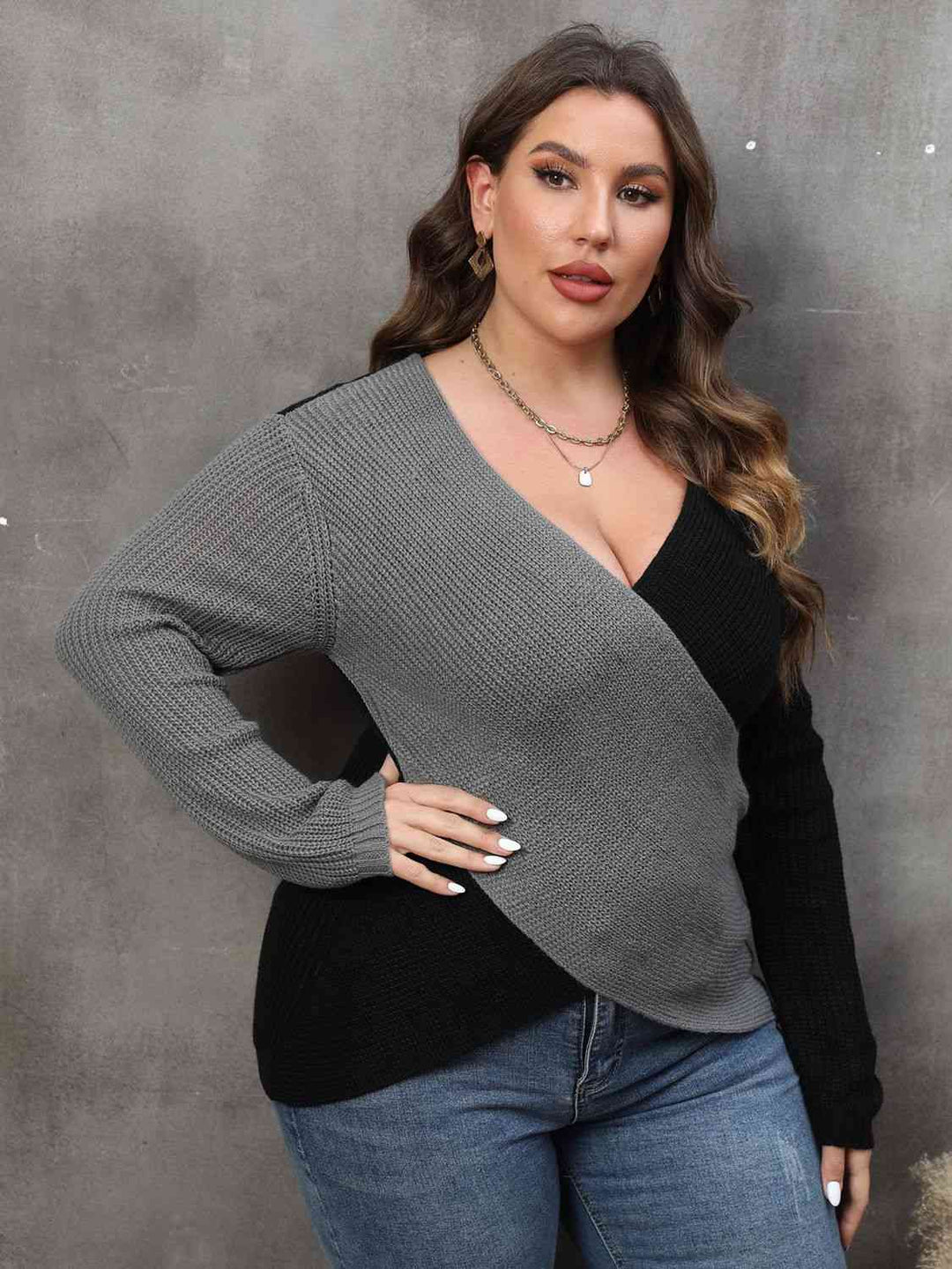 Plus Size Two-Tone Surplice Neck Sweater-Slay Eclectic