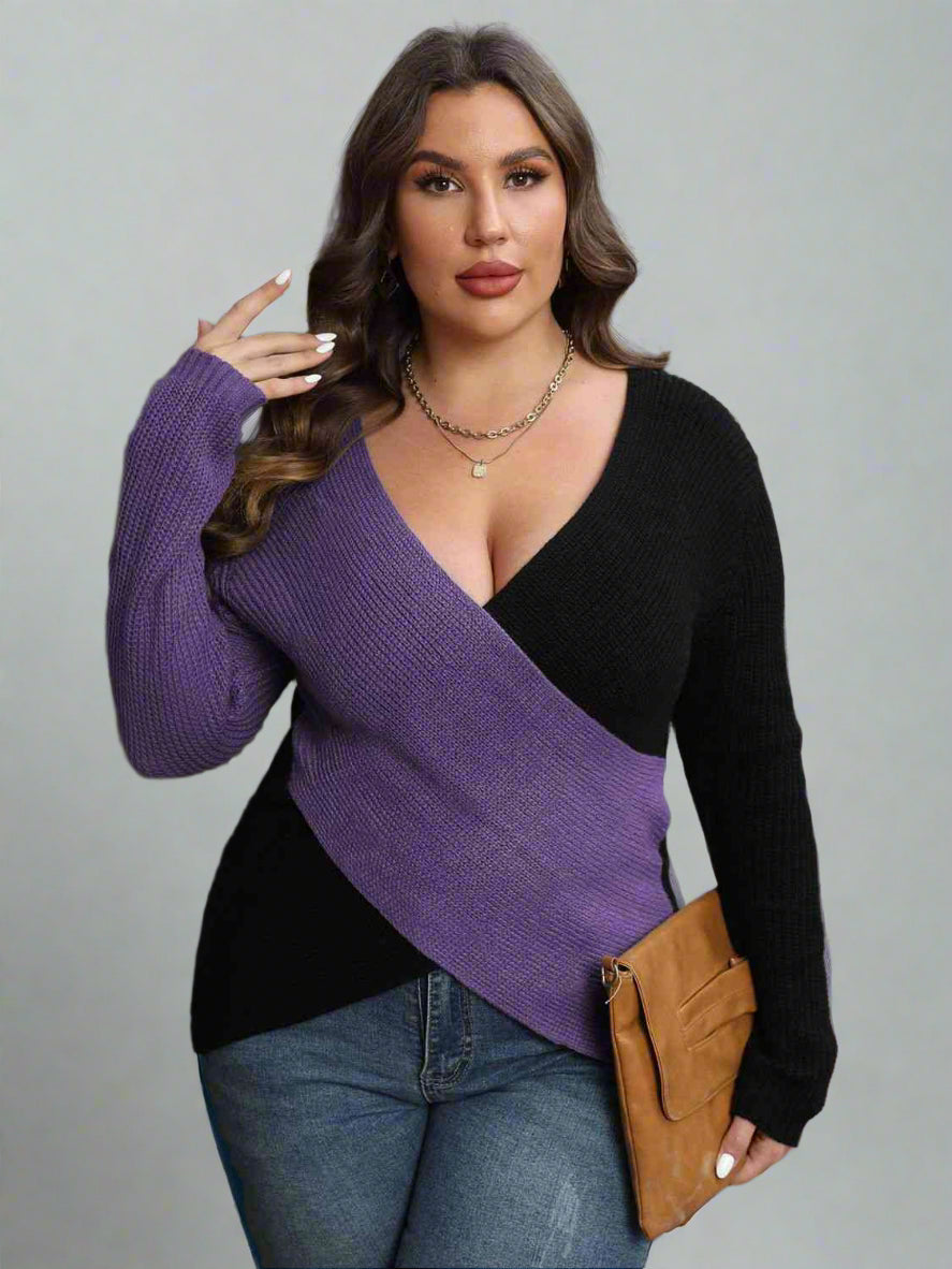 Plus Size Two-Tone Surplice Neck Sweater-Slay Eclectic
