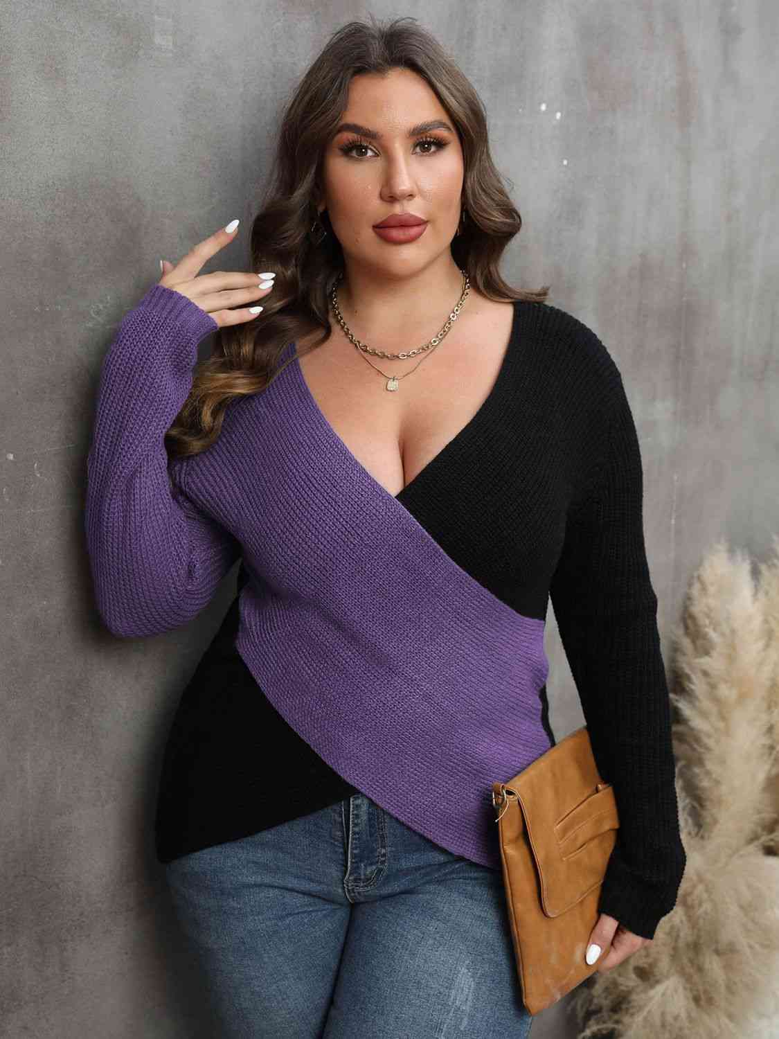 Plus Size Two-Tone Surplice Neck Sweater | Slay Eclectic