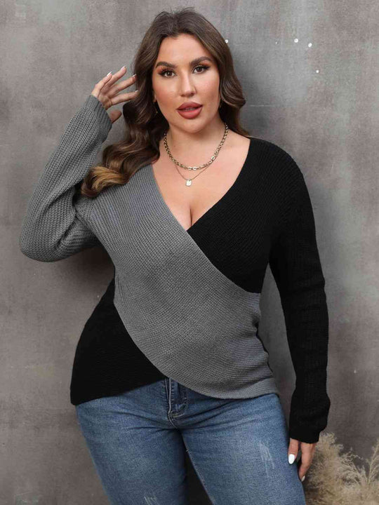 Plus Size Two-Tone Surplice Neck Sweater-Slay Eclectic