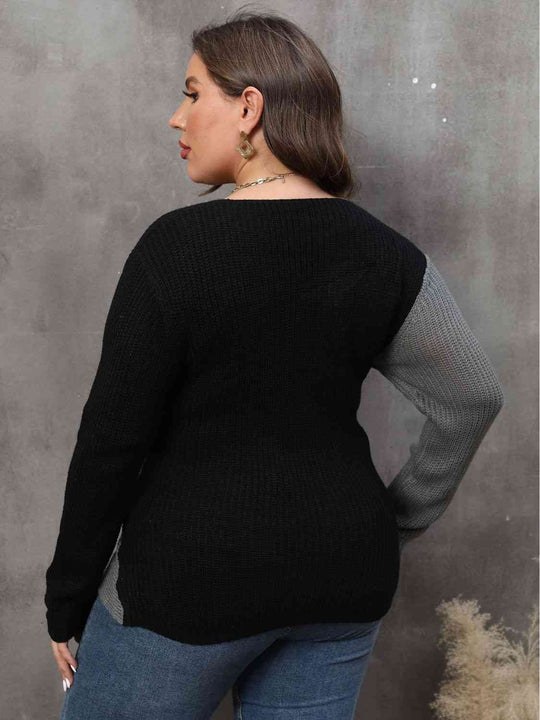 Plus Size Two-Tone Surplice Neck Sweater-Slay Eclectic