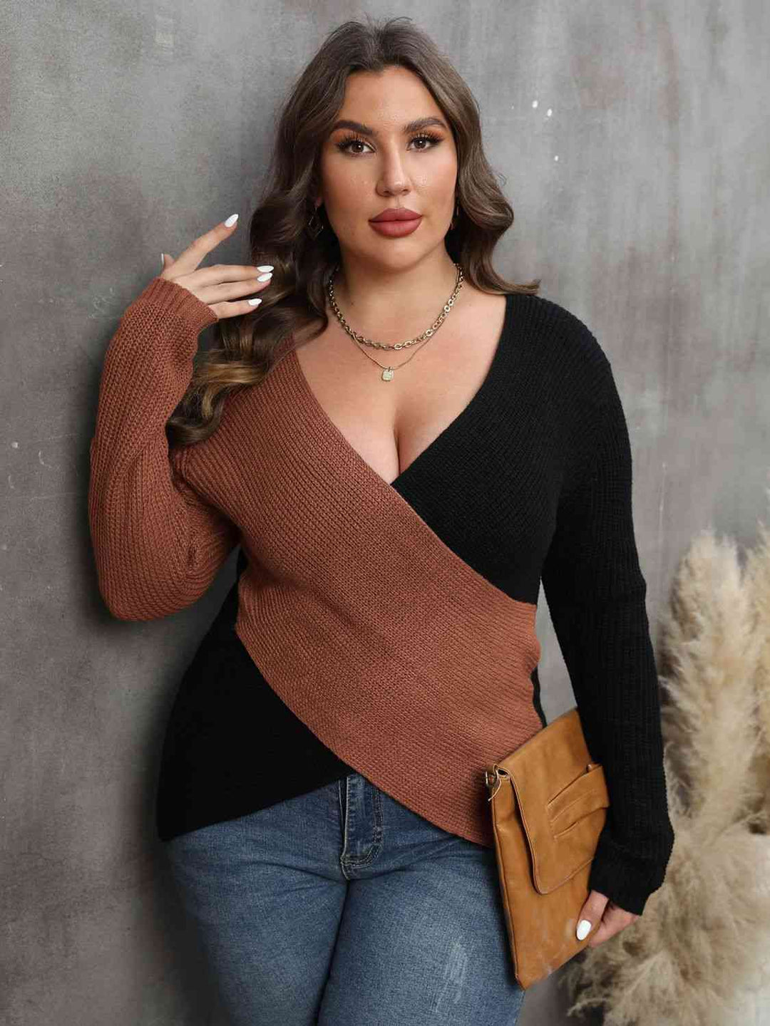 Plus Size Two-Tone Surplice Neck Sweater-Slay Eclectic