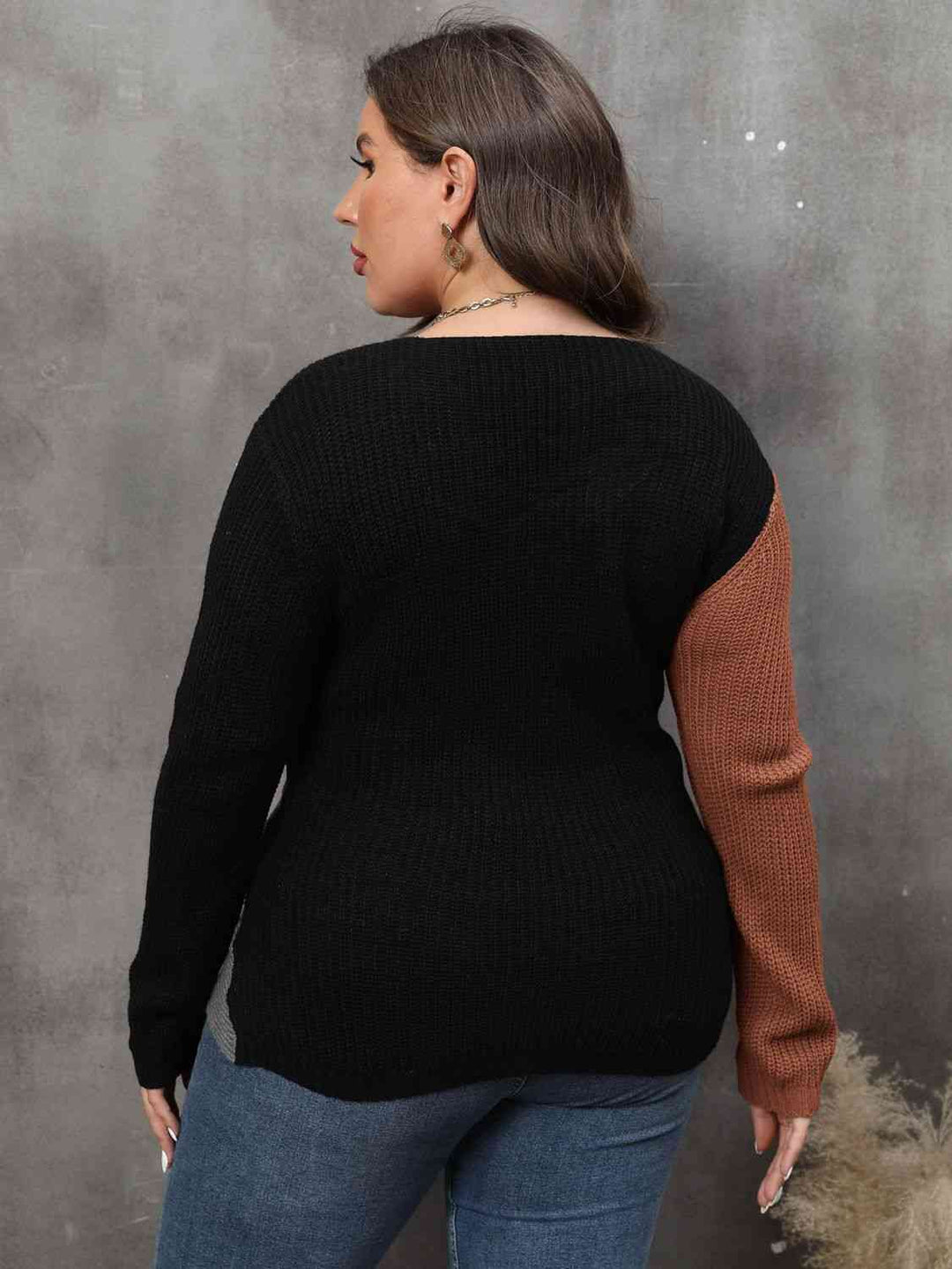 Plus Size Two-Tone Surplice Neck Sweater-Slay Eclectic