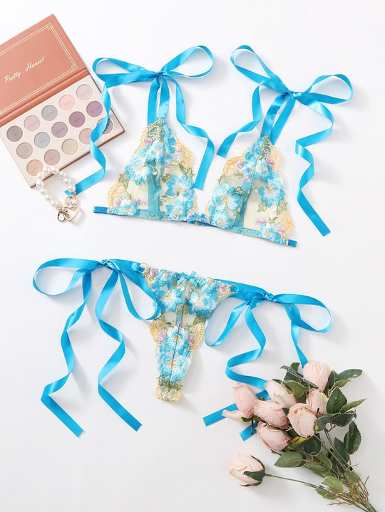 Printed Pattern Bikini Blue Bow Sexy Lingerie Tie Strap-Slay Eclectic