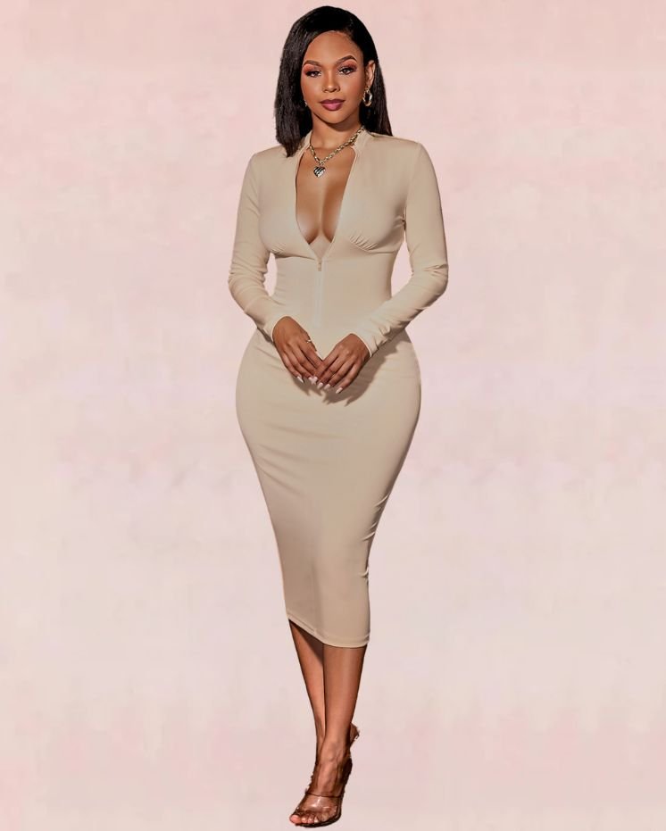 Pursuit Chic Bodycon Midi Dress - Beige | Slay Eclectic