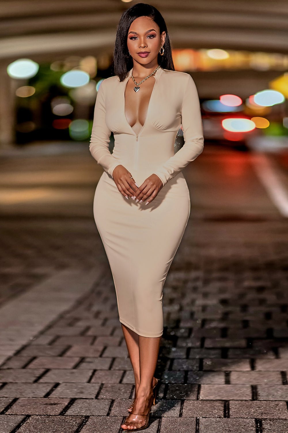 Pursuit Chic Bodycon Midi Dress - Beige | Slay Eclectic