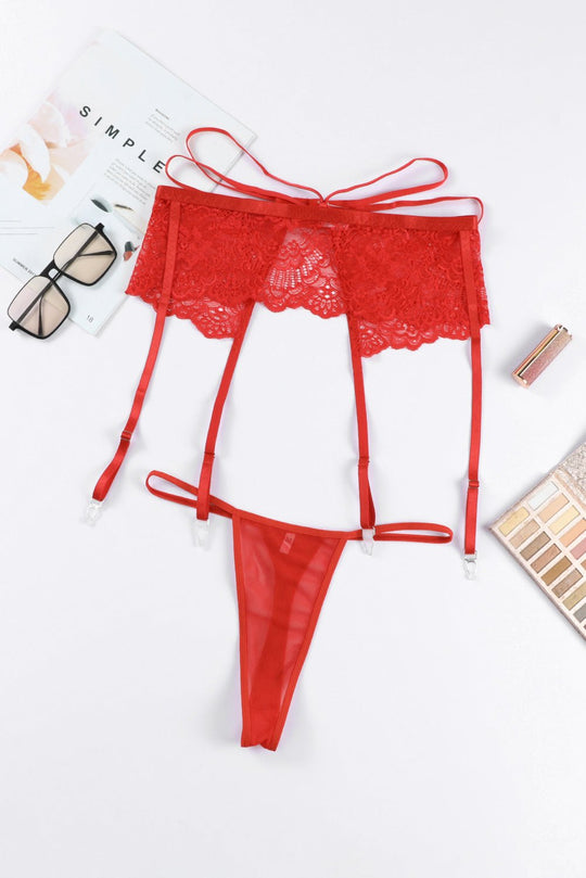 Red Lace Strappy Garter Belt with Thong-Slay Eclectic
