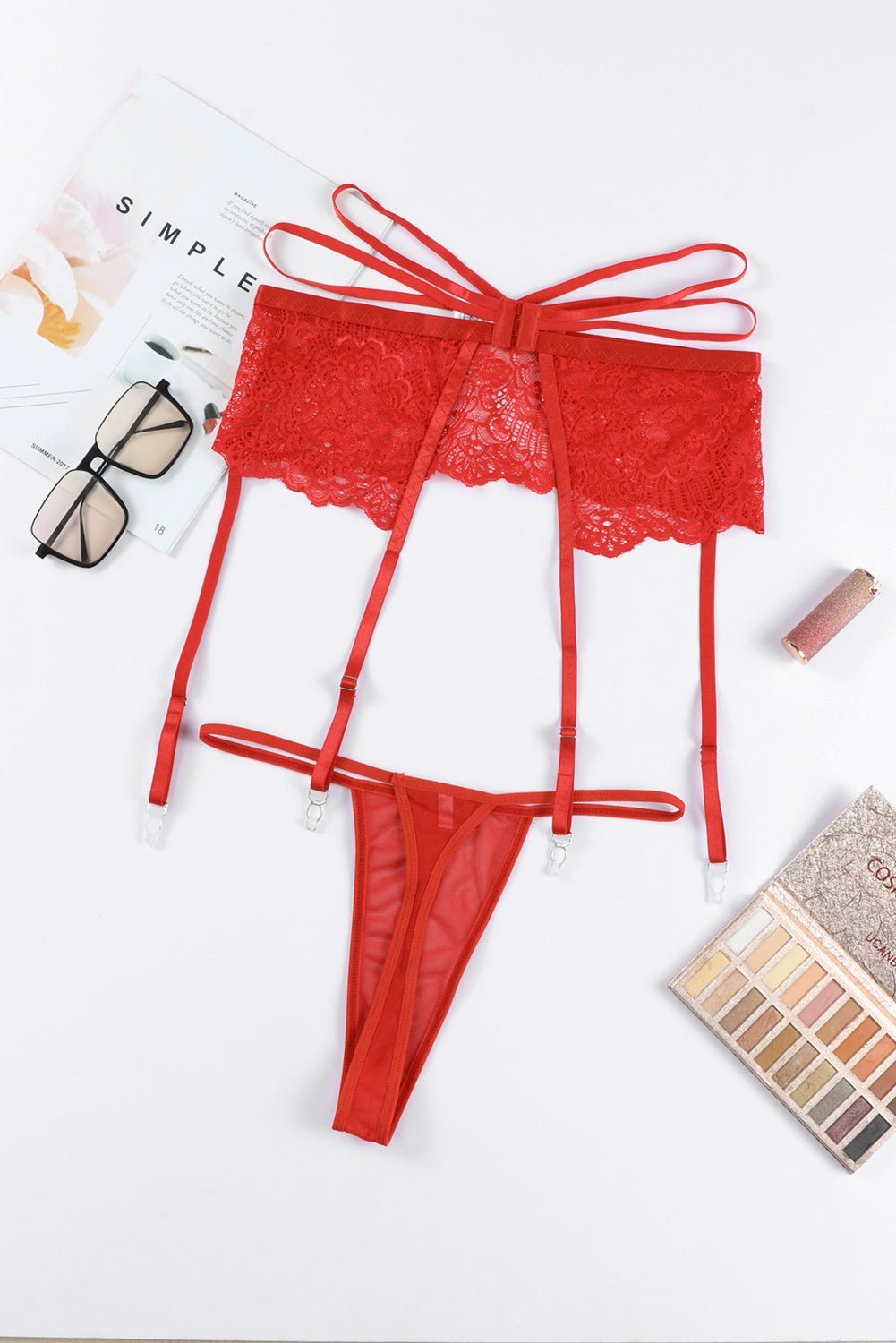Red Lace Strappy Garter Belt with Thong-Slay Eclectic