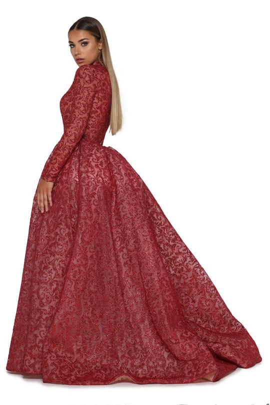 Red Long Sleeve Glitter Long Formal Dress With Detachable Train