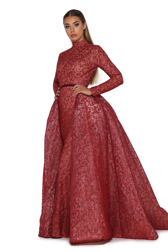 Red Long Sleeve Glitter Long Formal Dress With Detachable Train