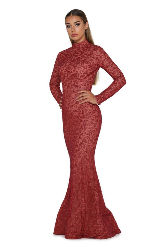 Red Long Sleeve Glitter Long Formal Dress With Detachable Train