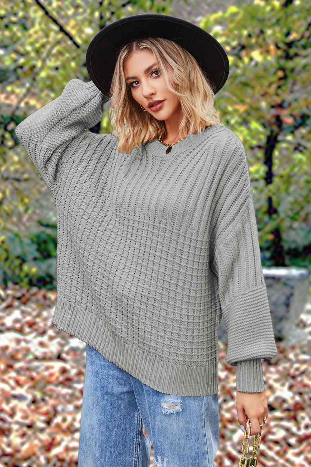 Round Neck Lantern Sleeve Sweater - Slay Eclectic