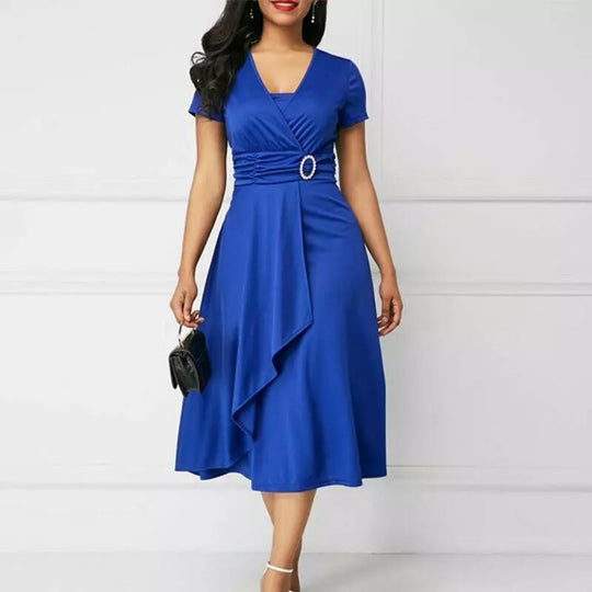 Formal Short Sleeve Office Party Midi Dress - Blue