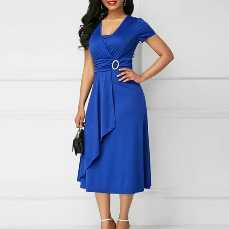 Formal Short Sleeve Office Party Midi Dress - Blue