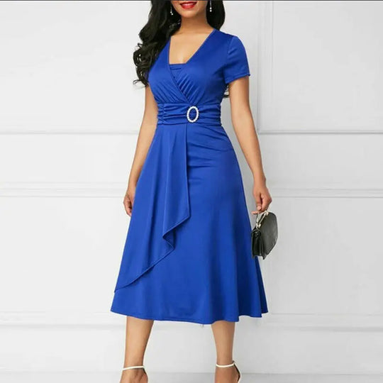 Formal Short Sleeve Office Party Midi Dress - Blue