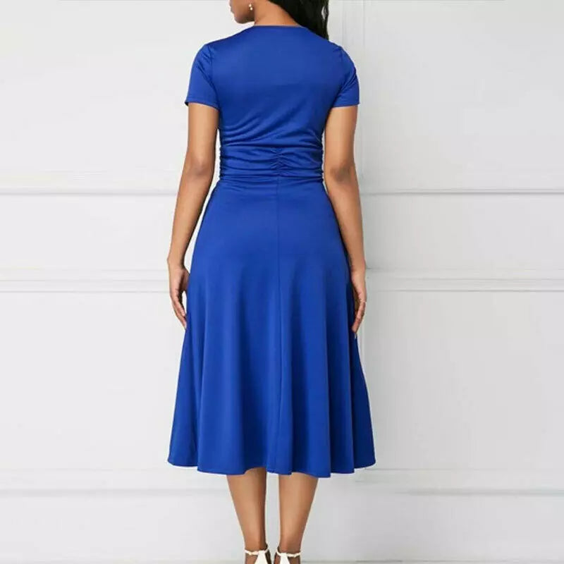 Formal Short Sleeve Office Party Midi Dress - Blue