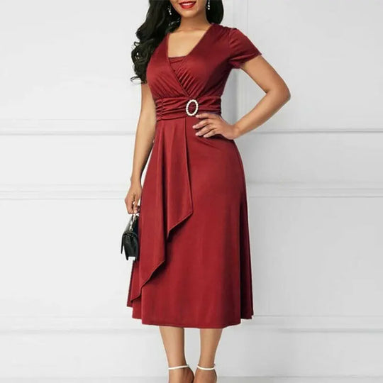 Formal Short Sleeve Office Party Midi Dress - Red