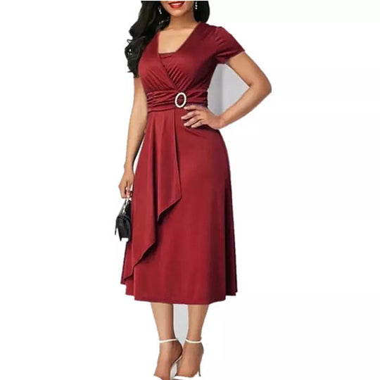 Formal Short Sleeve Office Party Midi Dress - Red