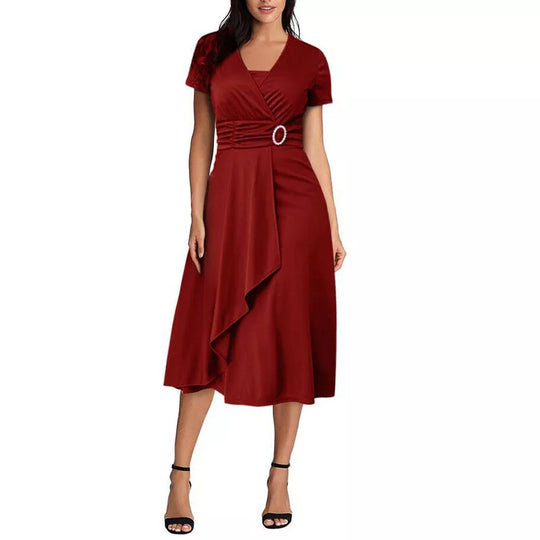 Formal Short Sleeve Office Party Midi Dress - Red