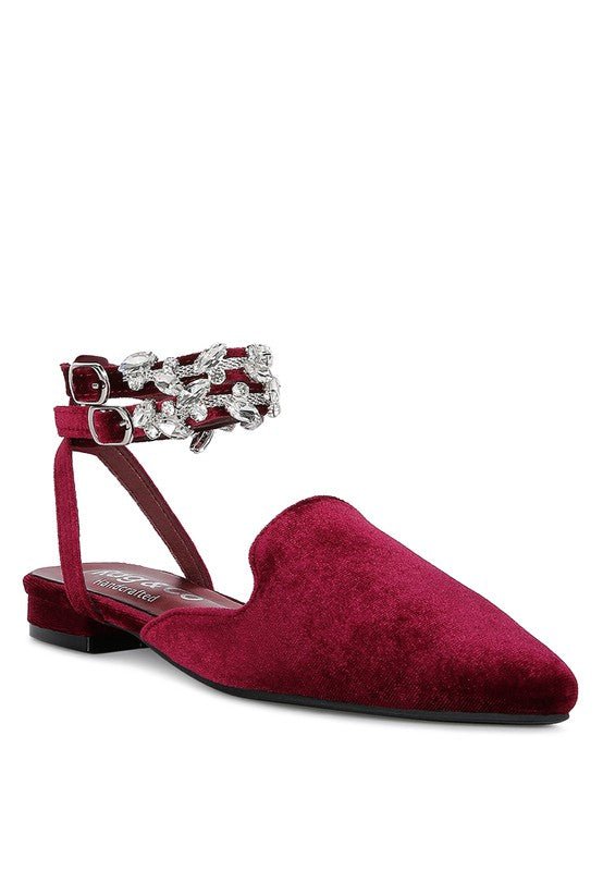 SALOME Burgundy Velvet Luxe Jewelled Flat Mules | Slay Eclectic