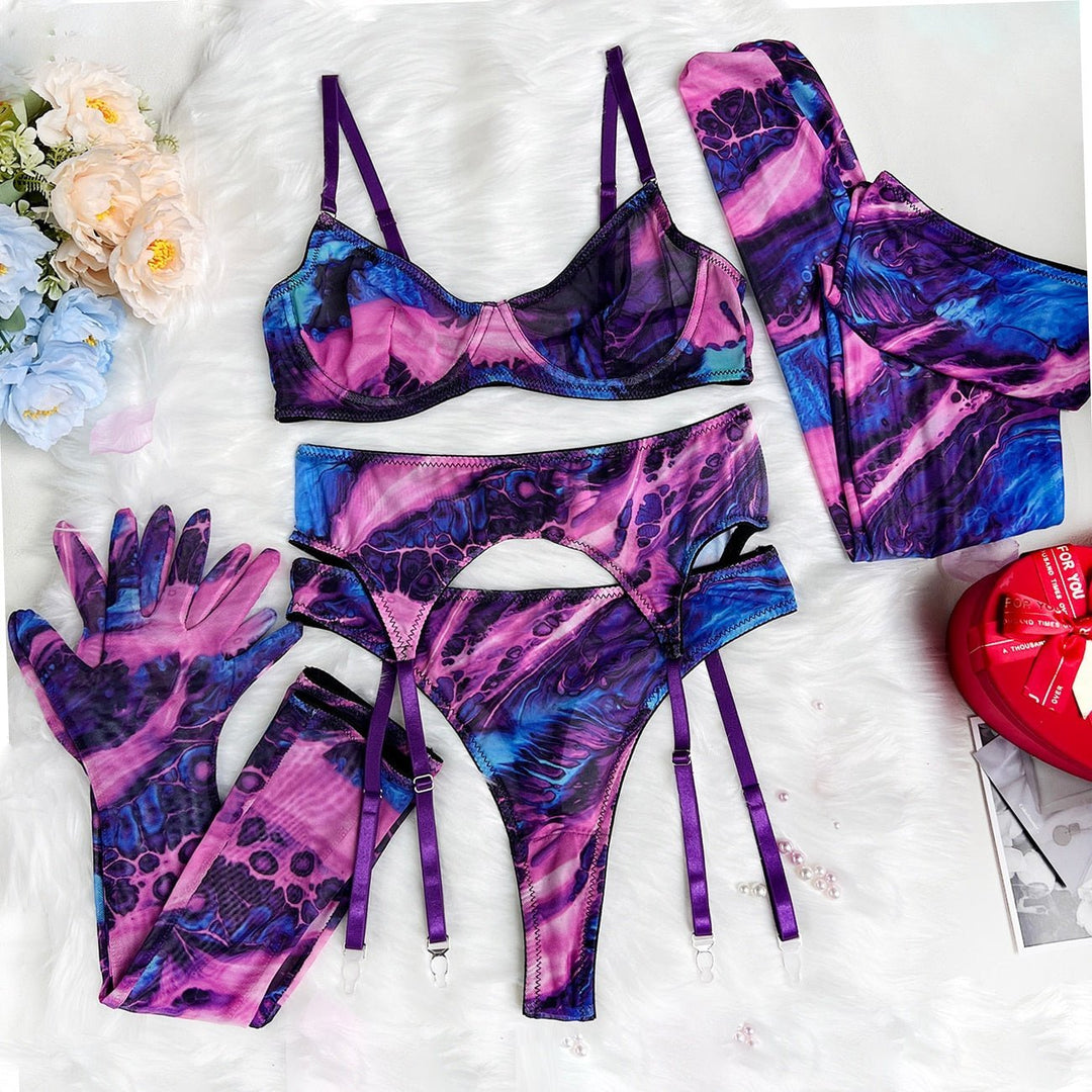 Sensational Strokes 5-Piece Tie Dye Lingerie With Stockings-Slay Eclectic