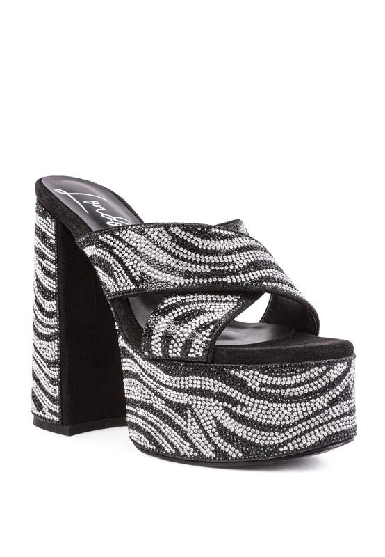 SINFUL HIGH PLATFORM PATTERNED DIAMANTE SLIDES-Slay Eclectic