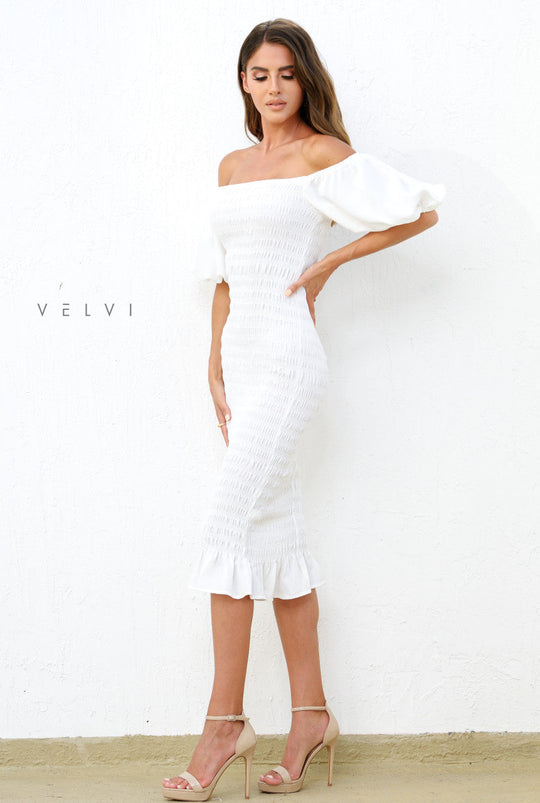 Skyla Shirred Midi Dress - WHITE