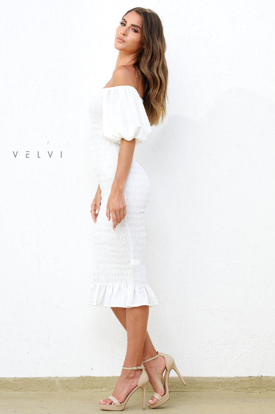 Skyla Shirred Midi Dress - WHITE