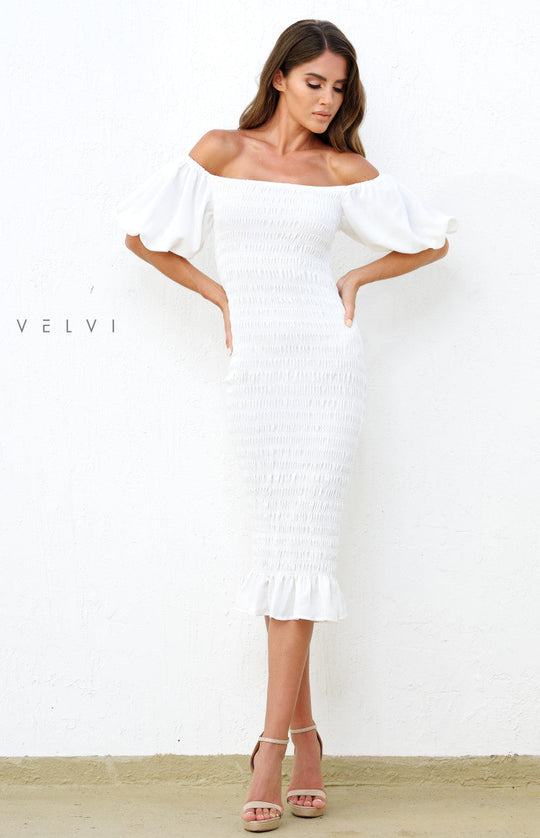 Skyla Shirred Midi Dress - WHITE