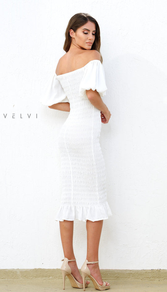 Skyla Shirred Midi Dress - WHITE