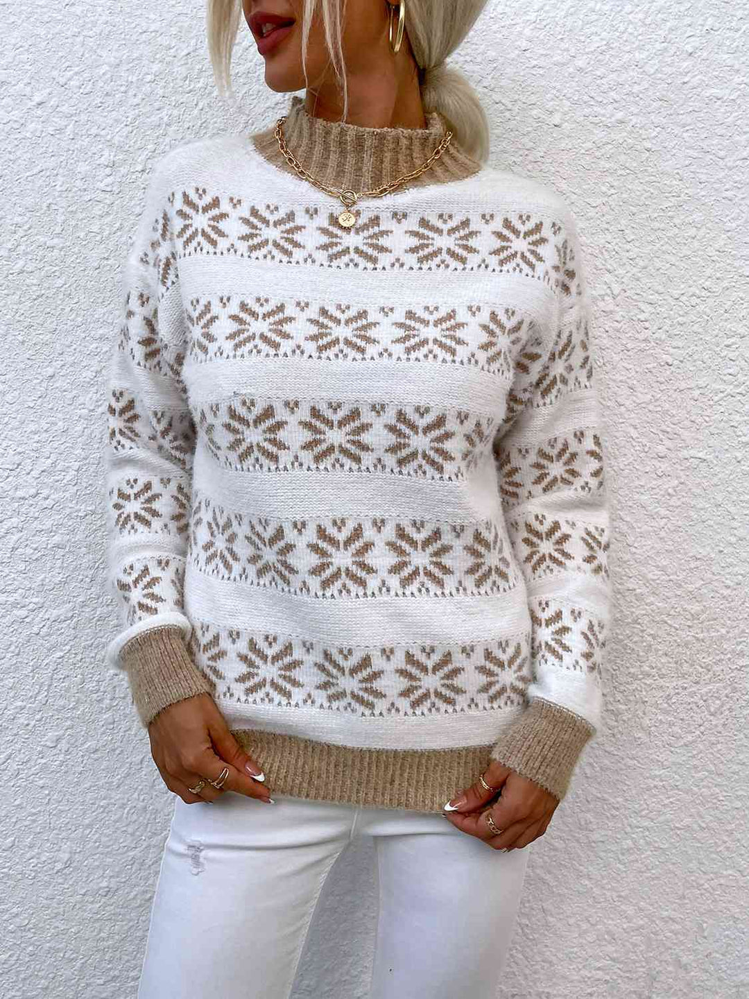 Snowflake Pattern Mock Neck Sweater-Slay Eclectic