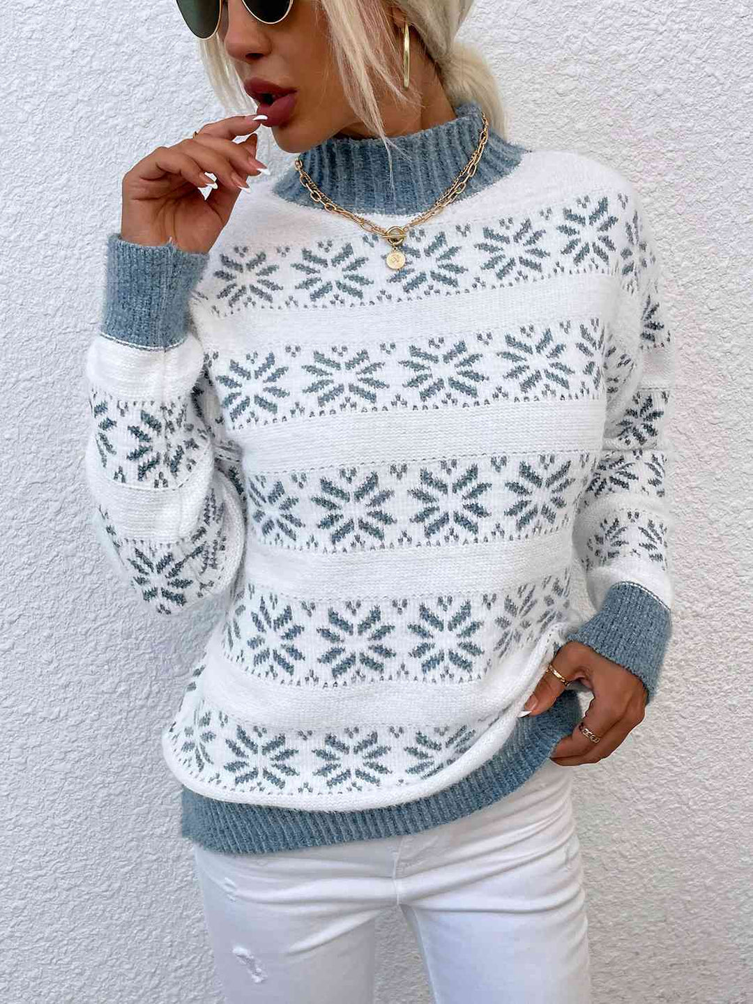 Snowflake Pattern Mock Neck Sweater-Slay Eclectic