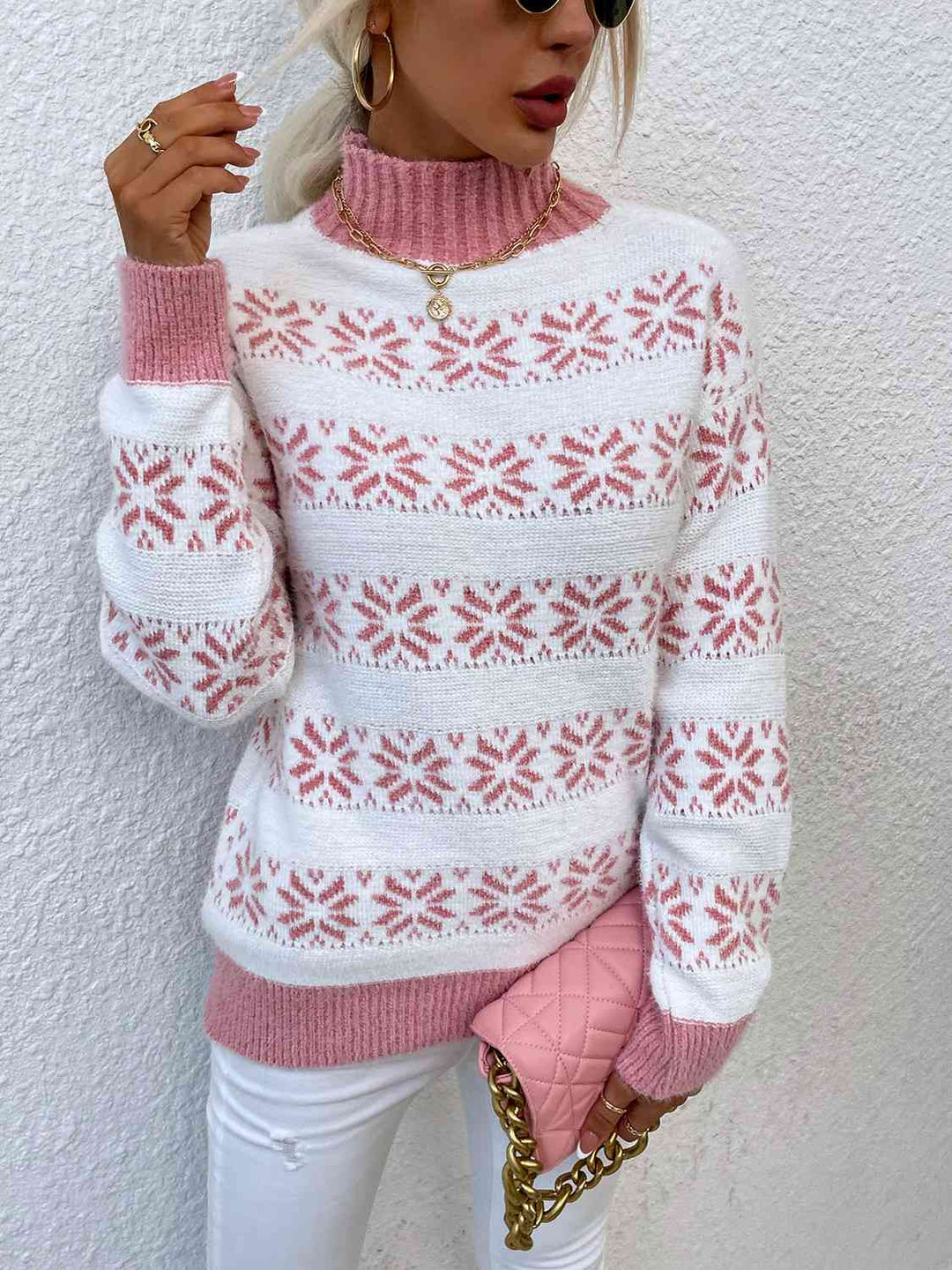 Snowflake Pattern Mock Neck Sweater-Slay Eclectic