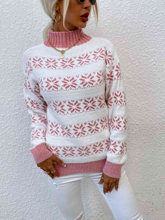 Snowflake Pattern Mock Neck Sweater-Slay Eclectic