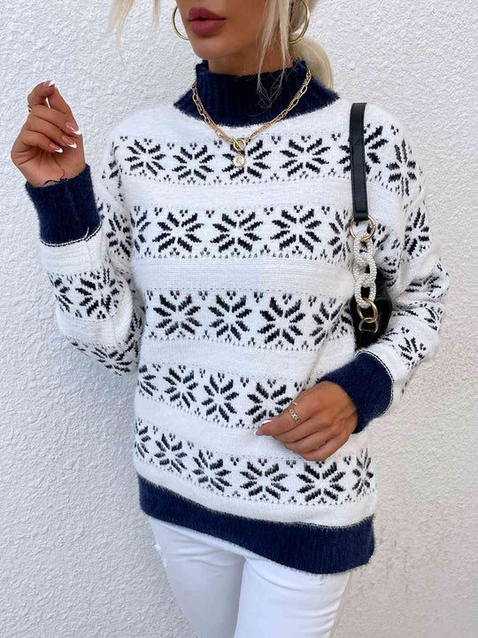 Snowflake Pattern Mock Neck Sweater-Slay Eclectic