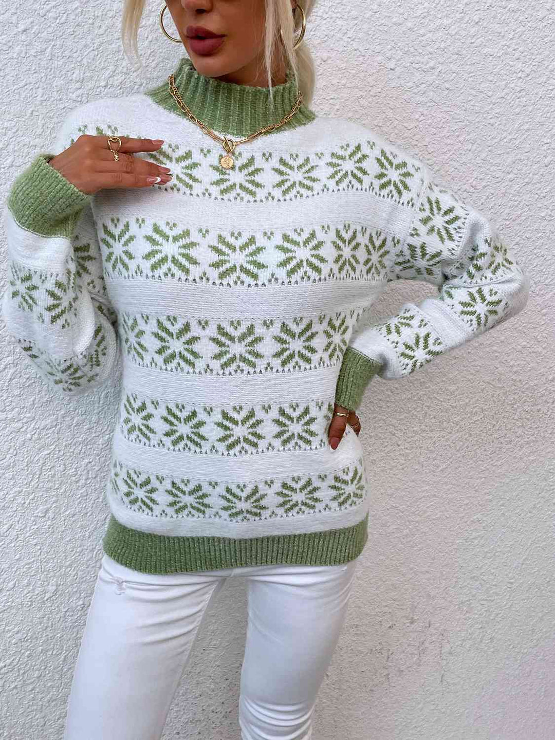 Snowflake Pattern Mock Neck Sweater-Slay Eclectic