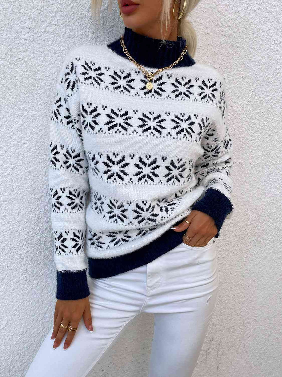 Snowflake Pattern Mock Neck Sweater-Slay Eclectic