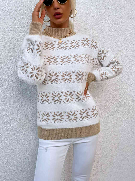 Snowflake Pattern Mock Neck Sweater-Slay Eclectic