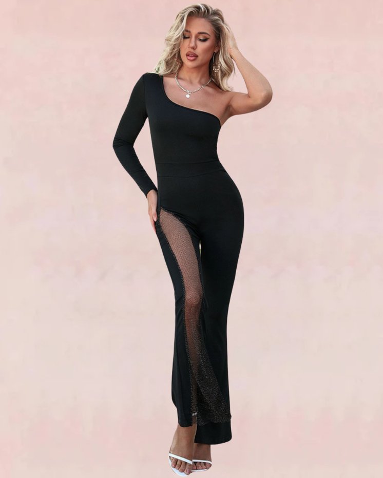 Spliced Mesh One-Shoulder Jumpsuit - Bold Black | Slay Eclectic