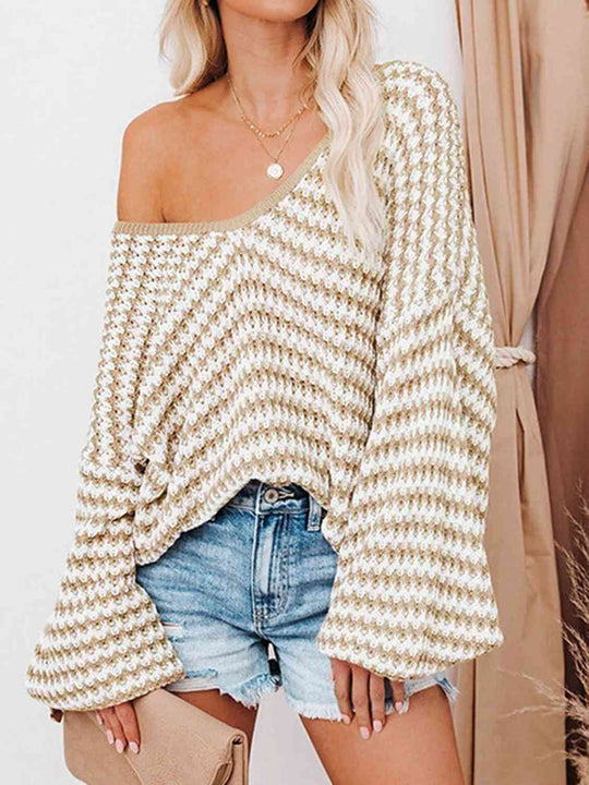 Striped Drop Shoulder V-Neck Sweater-Slay Eclectic