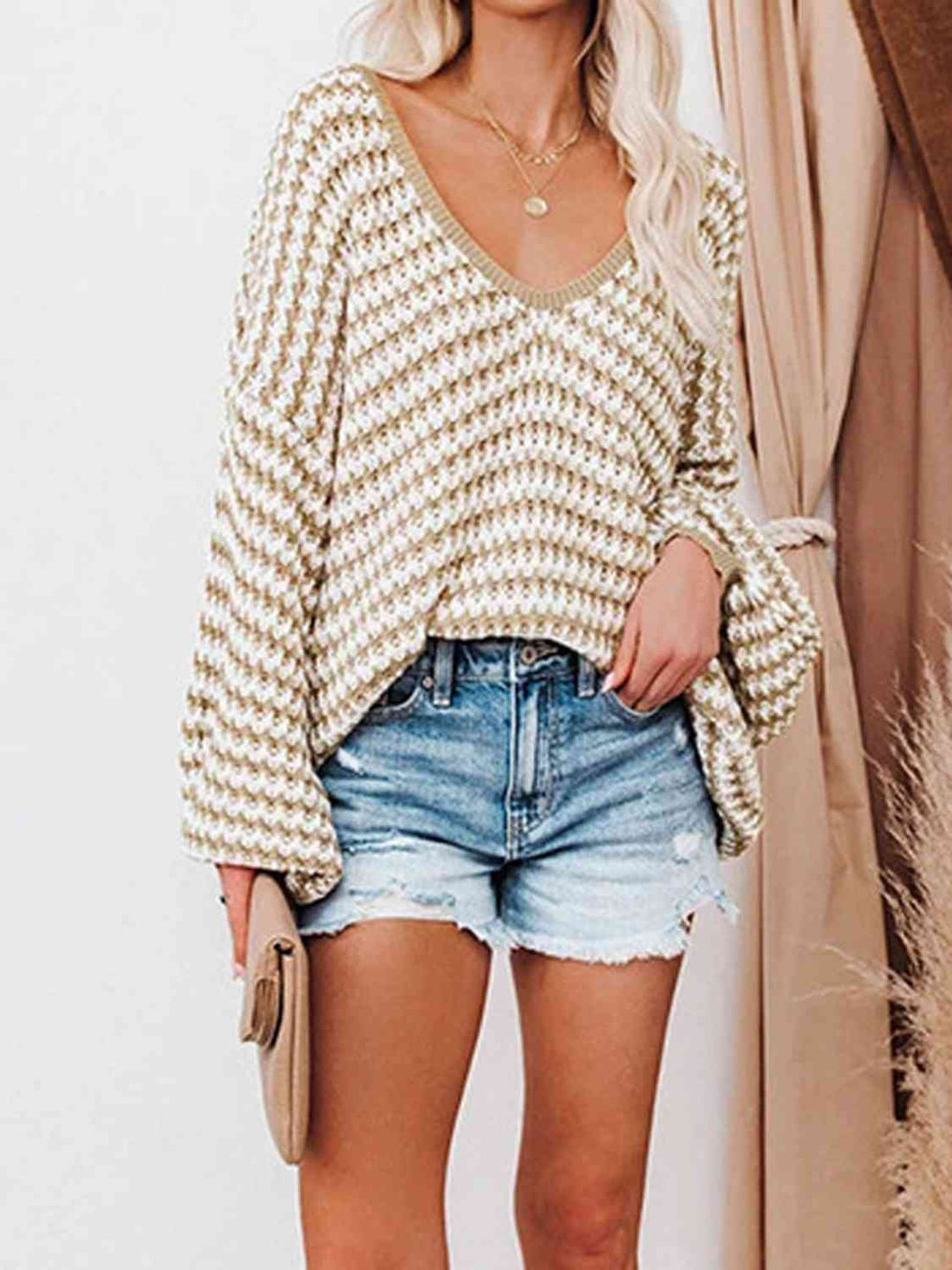 Striped Drop Shoulder V-Neck Sweater-Slay Eclectic