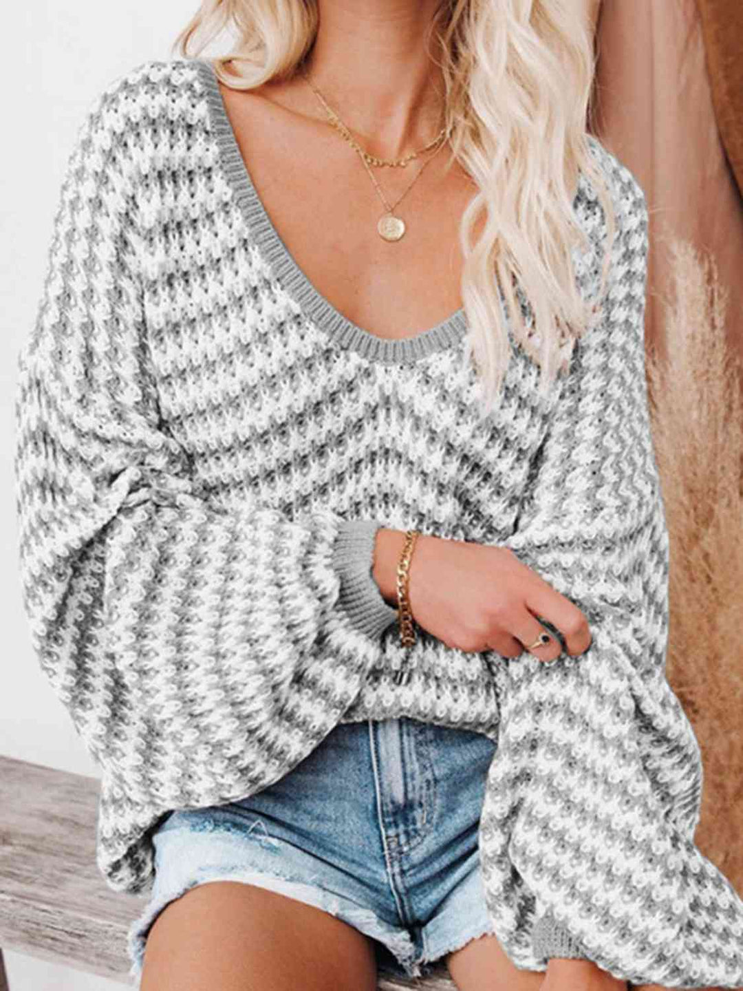 Striped Drop Shoulder V-Neck Sweater-Slay Eclectic